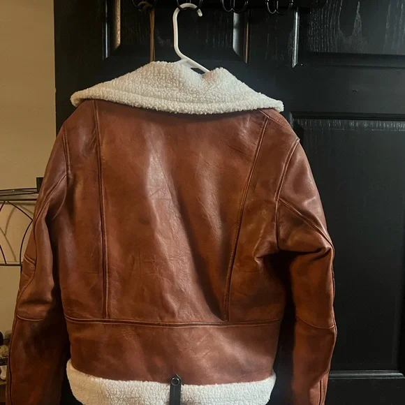 Women Brown faux Leather Jacket with Shearling Lining - Picture 2 of 5